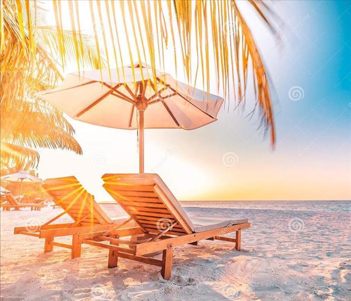 Beach with two beach chairs and umbrella and palm leaves 
