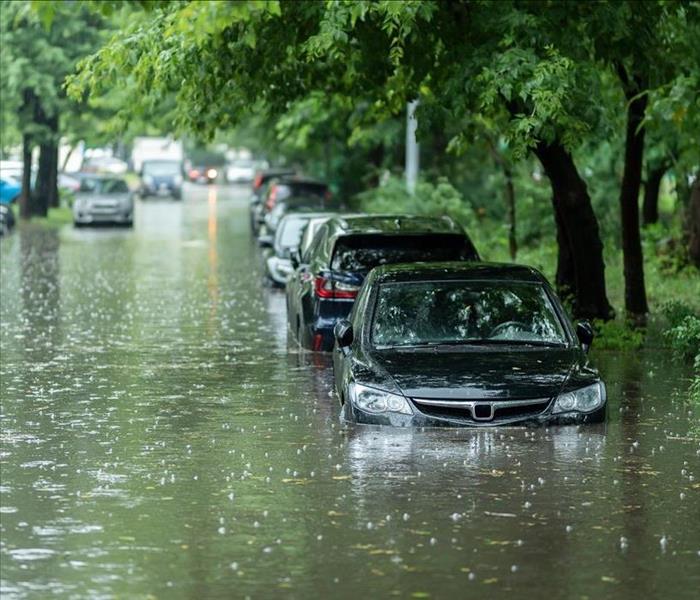 Flooded cars on the street of the city. Street after heavy rain.