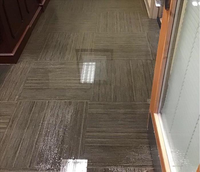 Standing water in office with desk and carpet