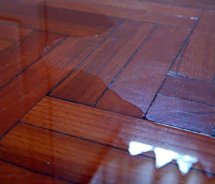 Water spreads across wooden parquet floors