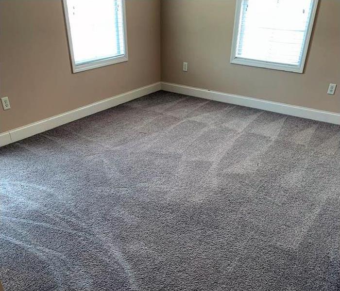 An empty apartment room with freshly vacuumed carpet.